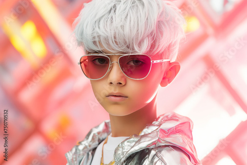 Generative ai picture of a modern stylish adorable cute boy wearing glasses isolated on vivid background