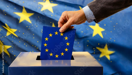 Closeup of a male hand inserting a ballot to European Union ballot box with EU flag colors and stars. European Union elections concept. Generative Ai. photo