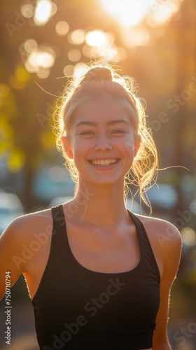 Smiling girl athlete, street portrait of a woman