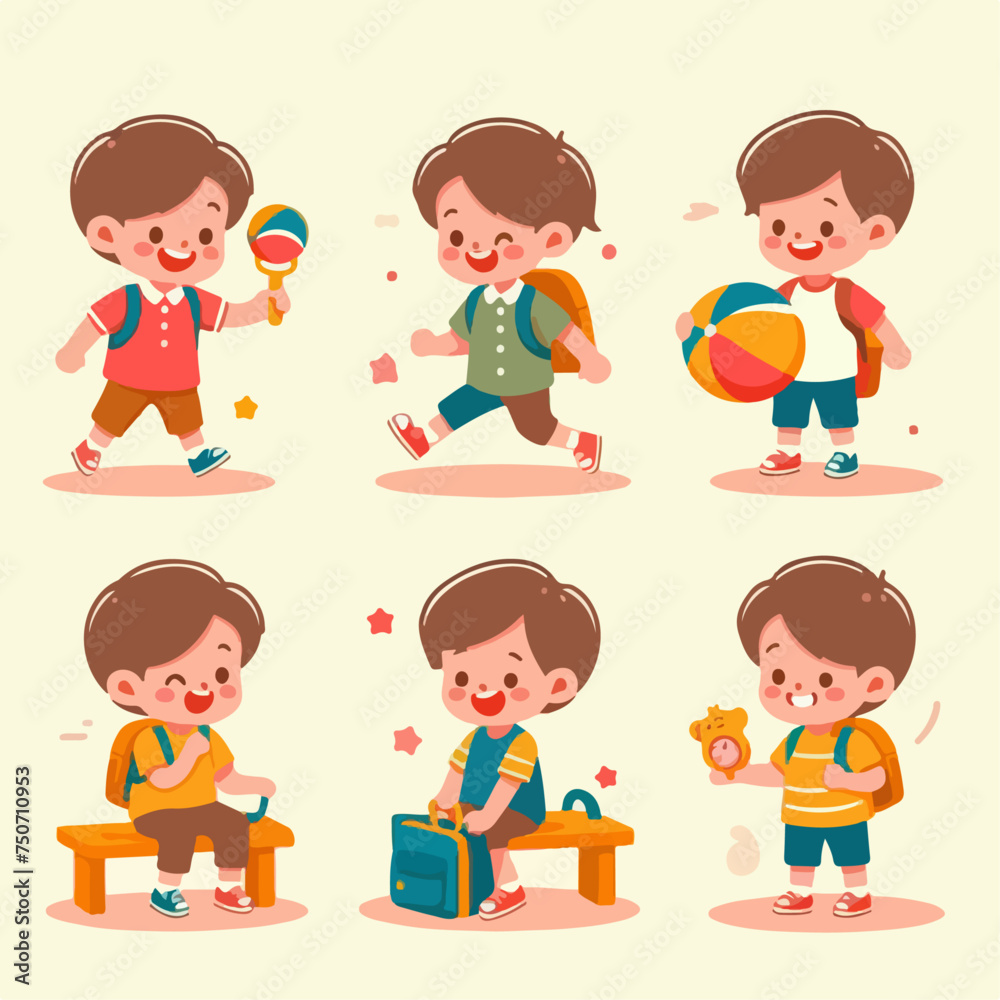 Vector set of cheerful kids full body with flat design style