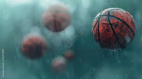 Intense close-up of textured basketballs floating against a mysterious, foggy background