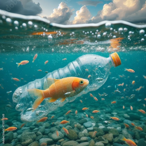Fish in a plastic bottle floating in the sea
