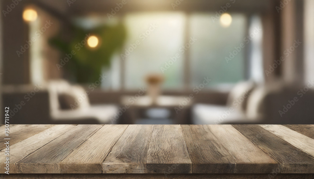 Modern empty wooden table on a luxury living room interior background in a house or apartment with blurred bokeh. for display of assembly products, space for text