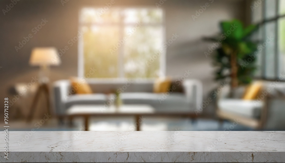 Modern empty light white marble table on a luxury living room interior background with blurred bokeh. for display of assembly products, space for text Modern empty light white marble table on a luxury living room interior background with blurred bokeh. for display of assembly products, space for text