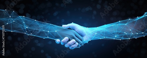 Abstract image of Business handshake in glowing blue. Low polygon, particle, and triangle style design.Wireframe light connection structure or points