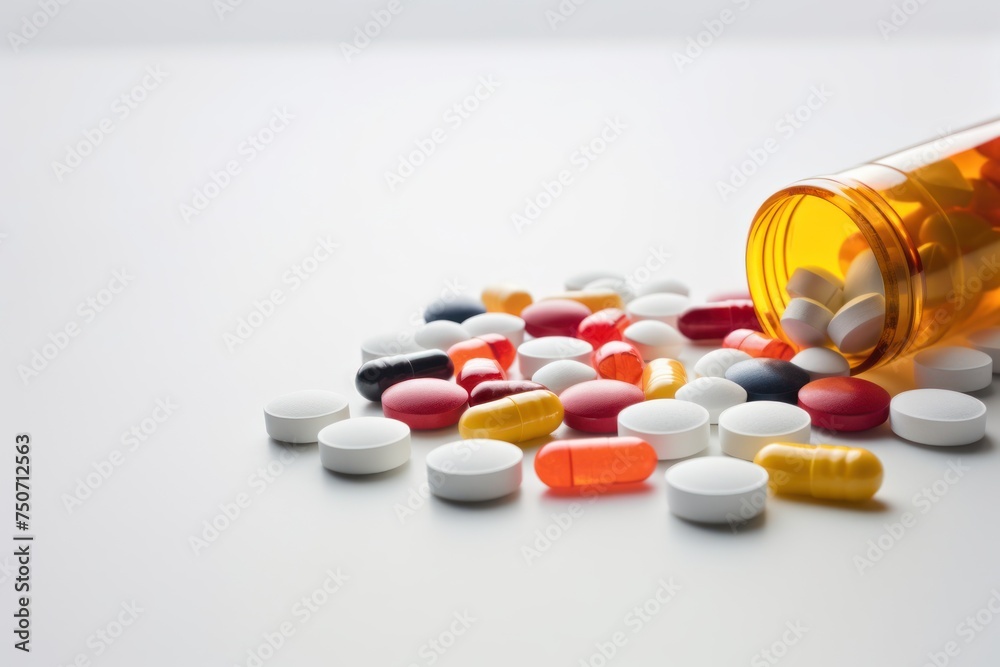 Assorted medications spread from orange bottle on surface Assorted medications spread from orange bottle on surface