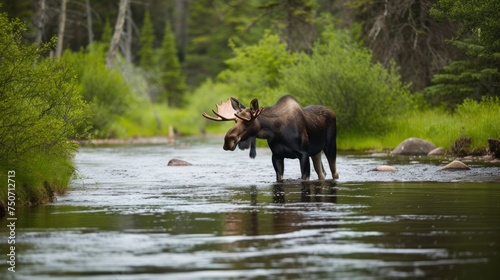 A male moose stands in a calm stream, with a pine forest in the background