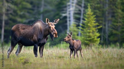 Female moose standing with her cubs on the savanna with pine forest background © Instacraft.Studio
