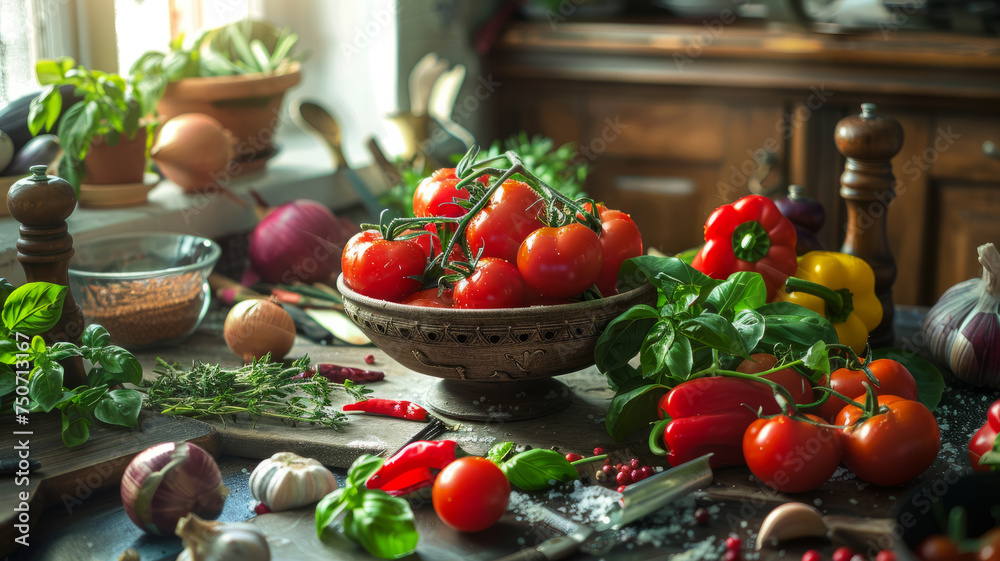 Fresh organic tomatoes on a rustic kitchen table. Fresh organic tomatoes on a rustic kitchen table.