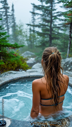 Woman Enjoying Scenic Mountain View from a Hot Tub in Pine Forest.Luxury spa Alaskan wilderness