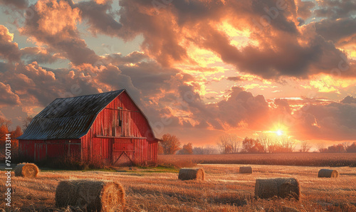 Red barn sits in field at sunset with hay bales scattered around.
