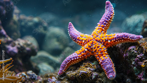 Colorful starfish underwater on coral reef.