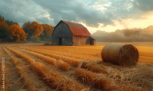 Barn and hay bale in field at sunset