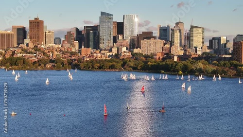 Boston Massachusetts USA downtown city skyline and boat marina on the Charles River