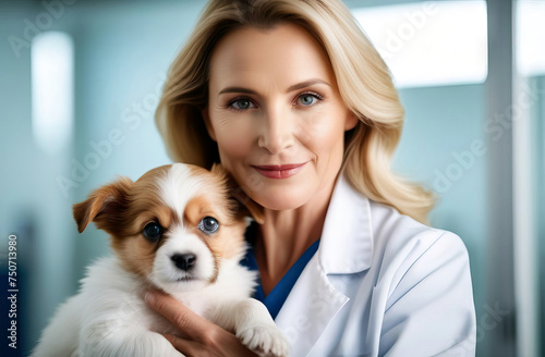 cute puppy in the arms of a blonde doctor is a symbol of protection and care, combining tenderness and professionalism