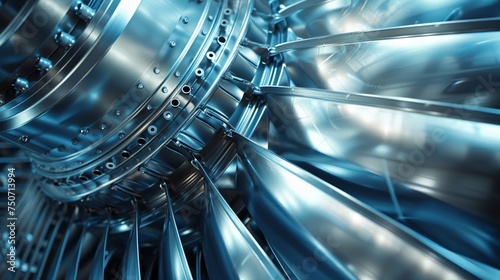 Futuristic turbine with sleek metal blades in a radial layout