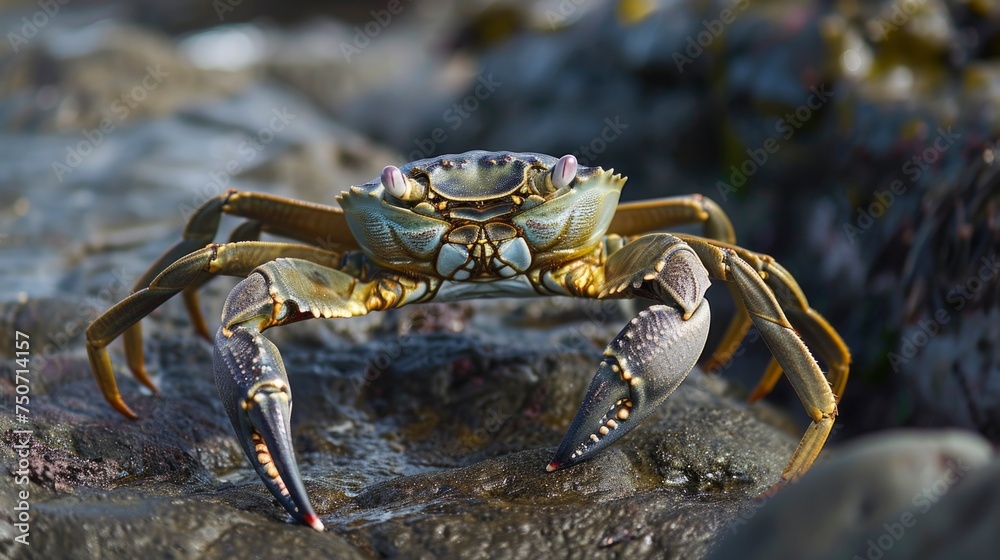 Close up photo of crab on a river rock