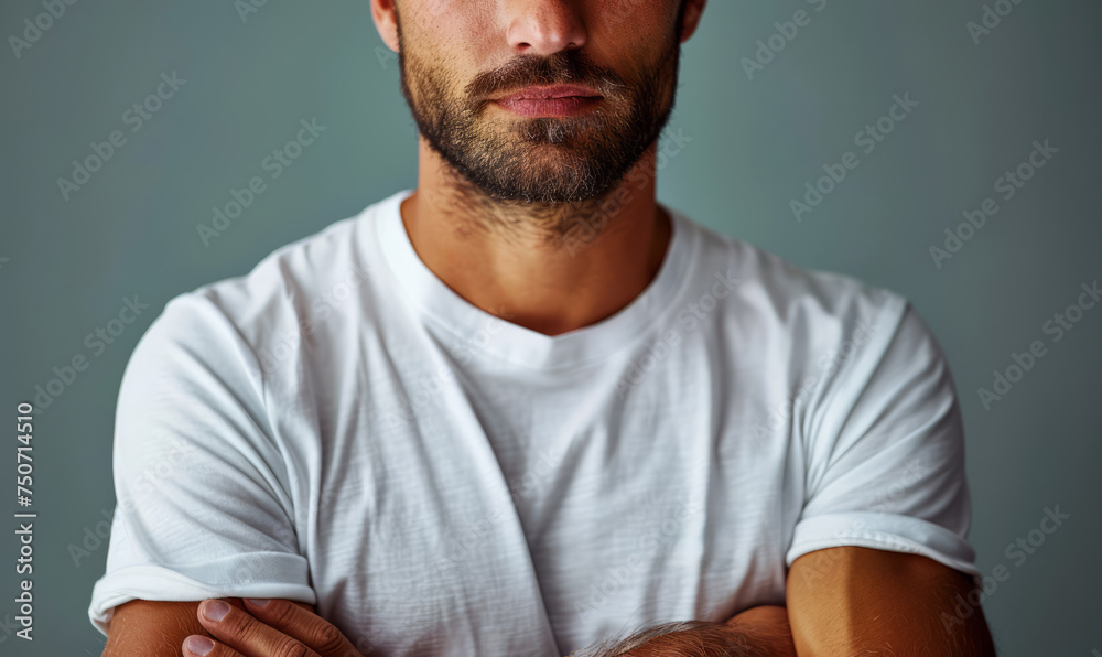 Portrait of bearded man wearing white t-shirt