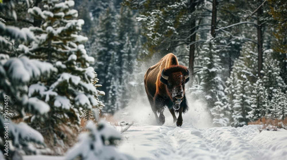 Bison running through the snow with a pine forest in the background