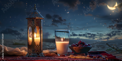 Muslim Holy Month Ramadan Kareem  Ornamental Arabic Lantern with Burning Candle Glowing at Night  Symbolizing Religious Festivity