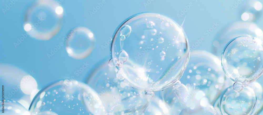 Bubble inflate each other with mini bubble in it and refraction blue sky background