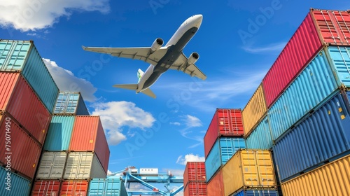 Cargo plane over container ship, showcasing air and sea cargo transportation for global trade.