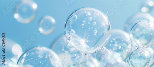 Bubble inflate each other with mini bubble in it and refraction blue sky background