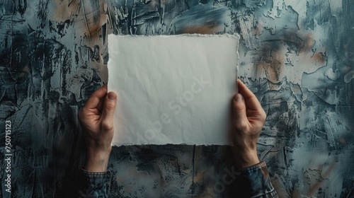 hands are holding a blank sheet of paper with a light background 