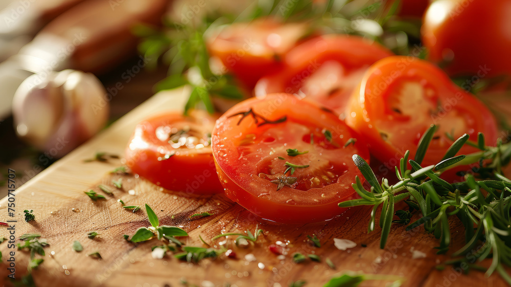 Tomato slices on a cutting board