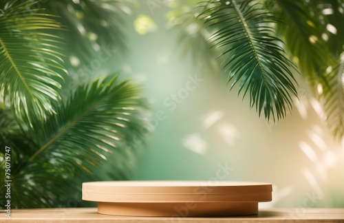 Product display podium decorated with tropical palm leaves