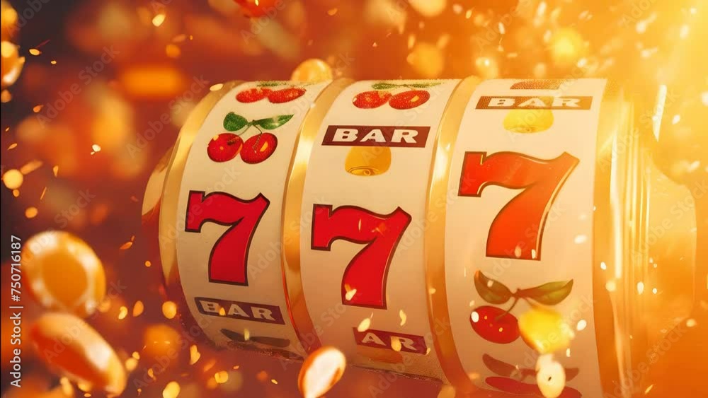 A vibrant slot machine hitting the jackpot, 777, with coins and bright lights exploding in celebration