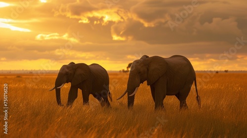 Two large elephants in the vast savanna in the afternoon