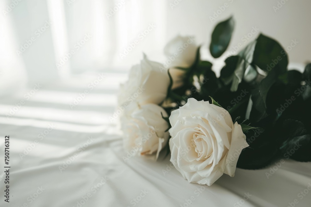 A bouquet of white roses placed on a clean and elegant table, Valentine's Day A bouquet of white roses placed on a clean and elegant table, Valentine's Day