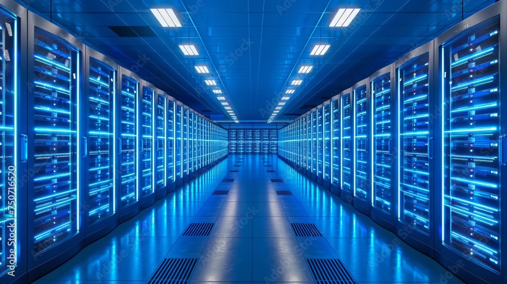High-tech server room with rows of neatly organized blue storage racks High-tech server room with rows of neatly organized blue storage racks