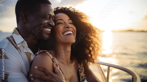 Smiling young african american couple enjoying holiday sailboat ride in summer
