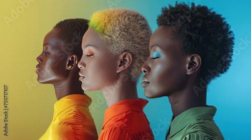 A vibrant profile of three individuals, showcasing diverse beauty against a colorful background, perfect for themes of diversity, fashion, and identity, with ample space for text.