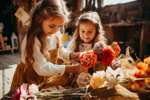 Children creating handmade mothers daly crafts, crafting flowers as gifts for their moms photo