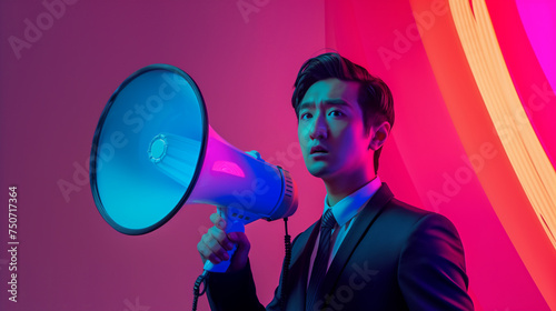 A young professional in a suit holding a megaphone against a bold pink and blue neon background