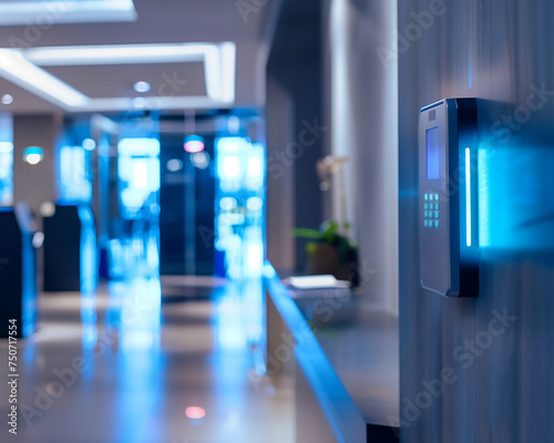 An advanced security keypad system installed at the entrance of a modern corporate office with blue ambient lighting