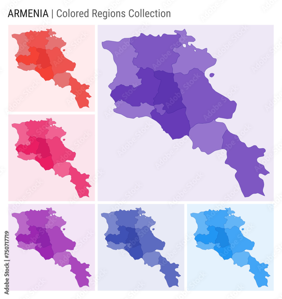 Fototapeta premium Armenia map collection. Country shape with colored regions. Deep Purple, Red, Pink, Purple, Indigo, Blue color palettes. Border of Armenia with provinces for your infographic. Vector illustration.