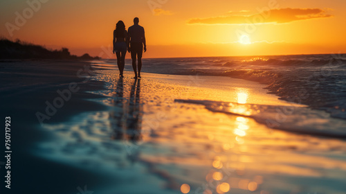 Couple Walking on the Beach at Sunset during Summer Vacation