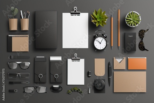 Premium corporate branding identity template set in plain background. Business mock-up with blank logo. Set of envelopes, tumbler, laptop, cards, folders, etc.