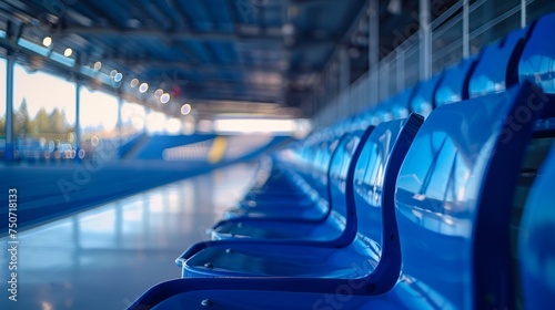 Pristine blue stadium seats waiting under a crystal-clear shelter photo