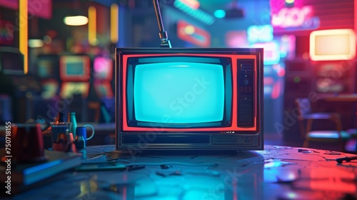 Classic 80s television with vivid neon controls in a stylized studio setting