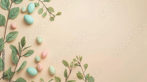Composition with Easter eggs and green branches on beige background with copy space