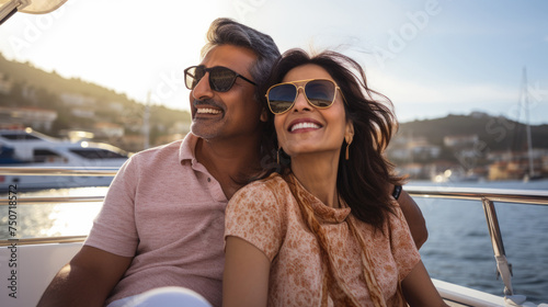 Smiling middle aged indian american couple enjoying sailboat ride in summer