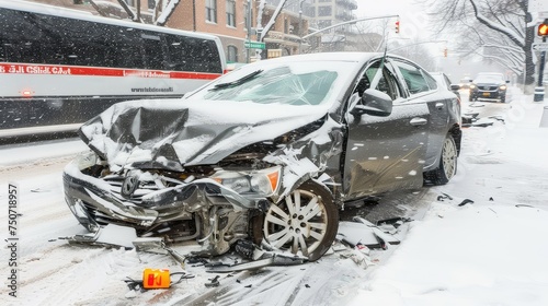 Car accident during snowstorm. Battered and crumpled, the vehicles involved in the car accident bear witness to the unforgiving nature of winter roads.