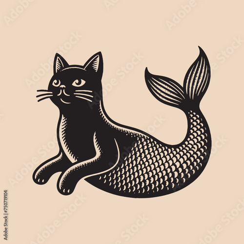 Cute mermaid  black cat. Old vintage engraving illustration. Hand drawn outline graphic. Logo, emblem, icon. Isolated object, cut out. black and white