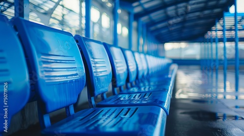 Pristine blue stadium seats waiting under a crystal-clear shelter photo