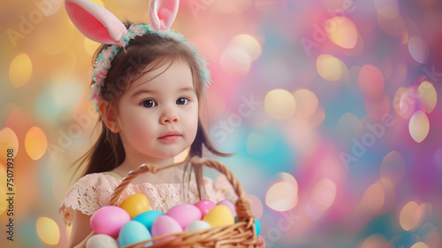 Cute little child girl with bunny ears holding basket of Easter eggs on a colored background.